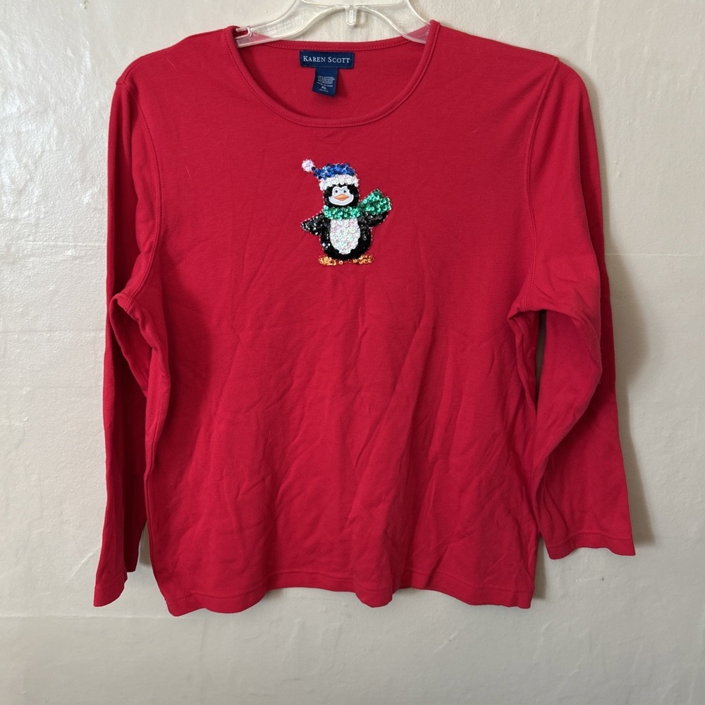 Karen Scott Vintage XL Red Top Sequin Penguin Holiday